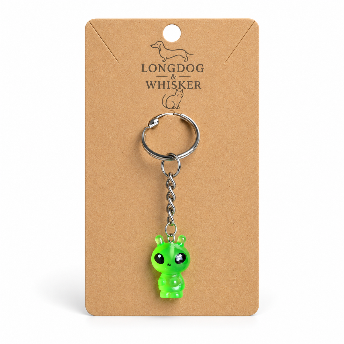 Neon Green Alien Keyring and Bag Charm on Longdog & Whisker display card