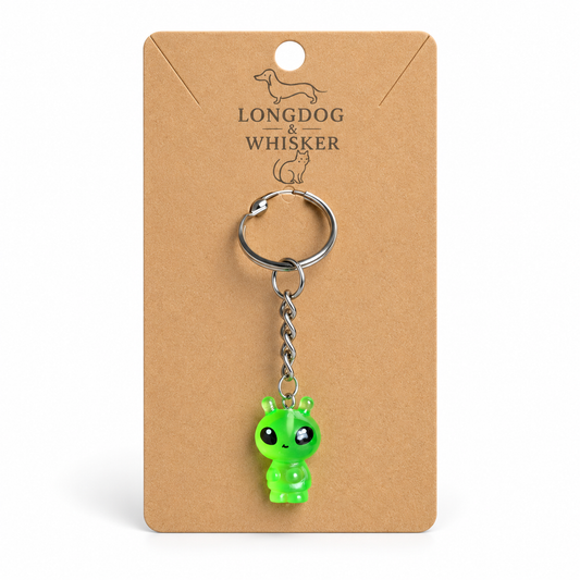 Neon Green Alien Keyring and Bag Charm on Longdog & Whisker display card