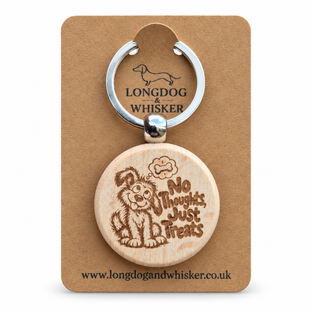 No Thoughts, Just Treats dog wooden keyring on Longdog & Whisker kraft card