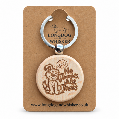 No Thoughts, Just Treats dog wooden keyring on Longdog & Whisker kraft card