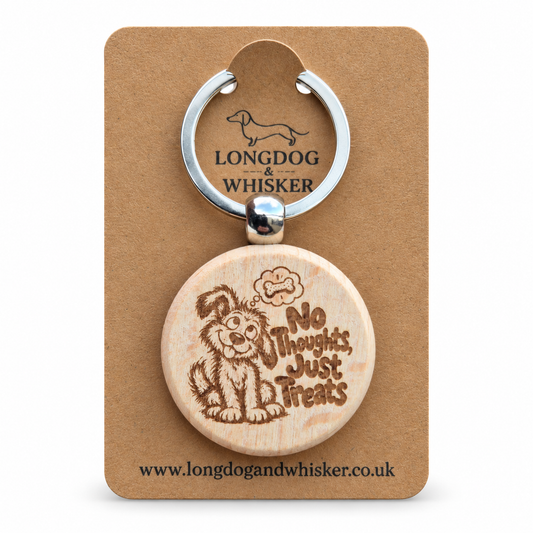 No Thoughts, Just Treats dog wooden keyring on Longdog & Whisker kraft card