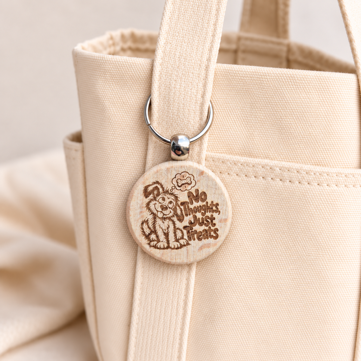 No Thoughts, Just Treats dog wooden keyring hanging from a cream canvas tote handle