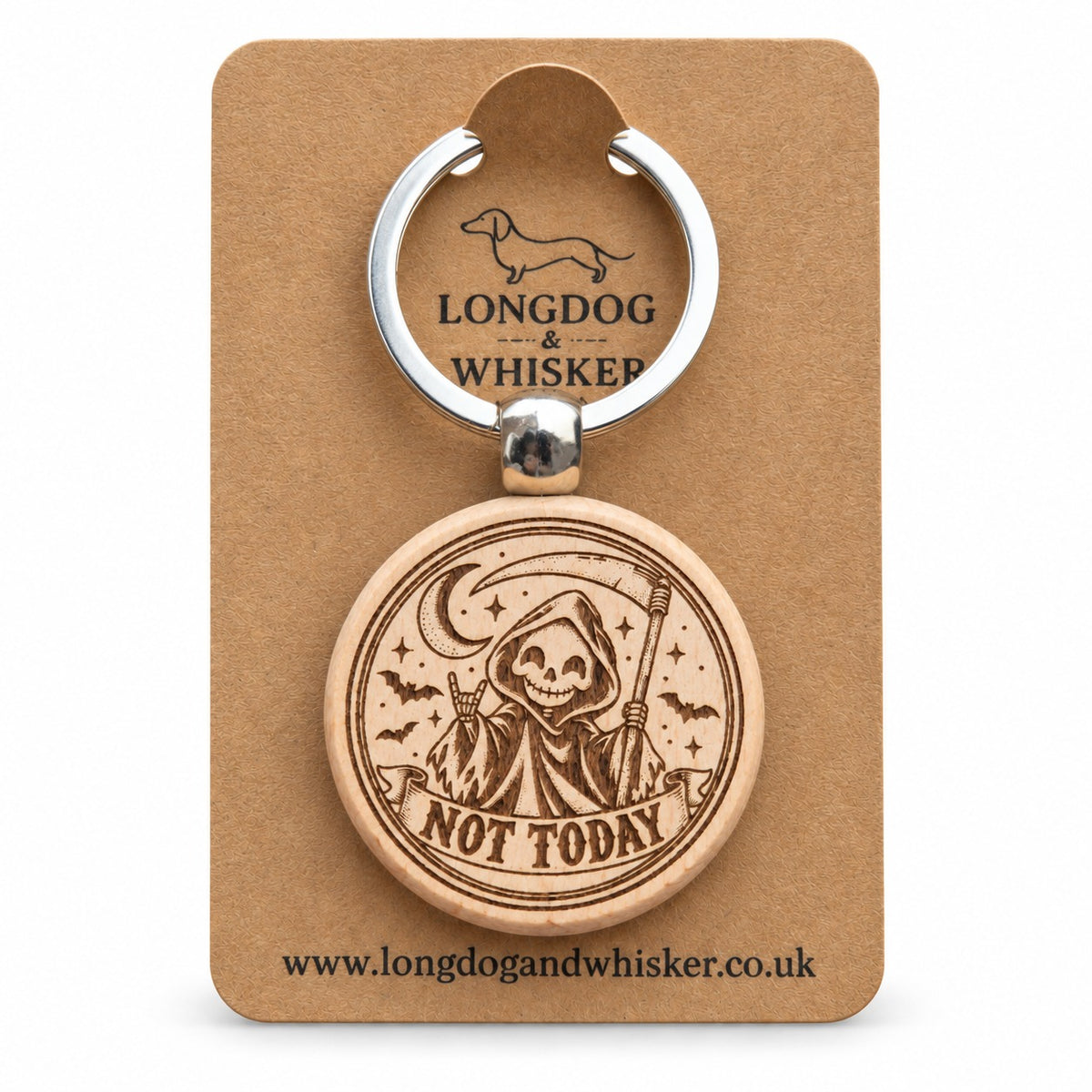 Not Today grim reaper wooden keyring on a Longdog and Whisker card