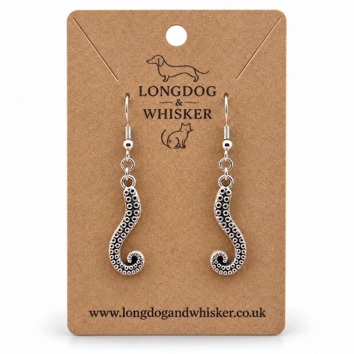 Octopus tentacle drop earrings on Longdog & Whisker kraft card