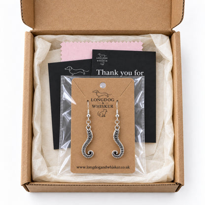 Octopus tentacle drop earrings presented in Longdog & Whisker gift packaging