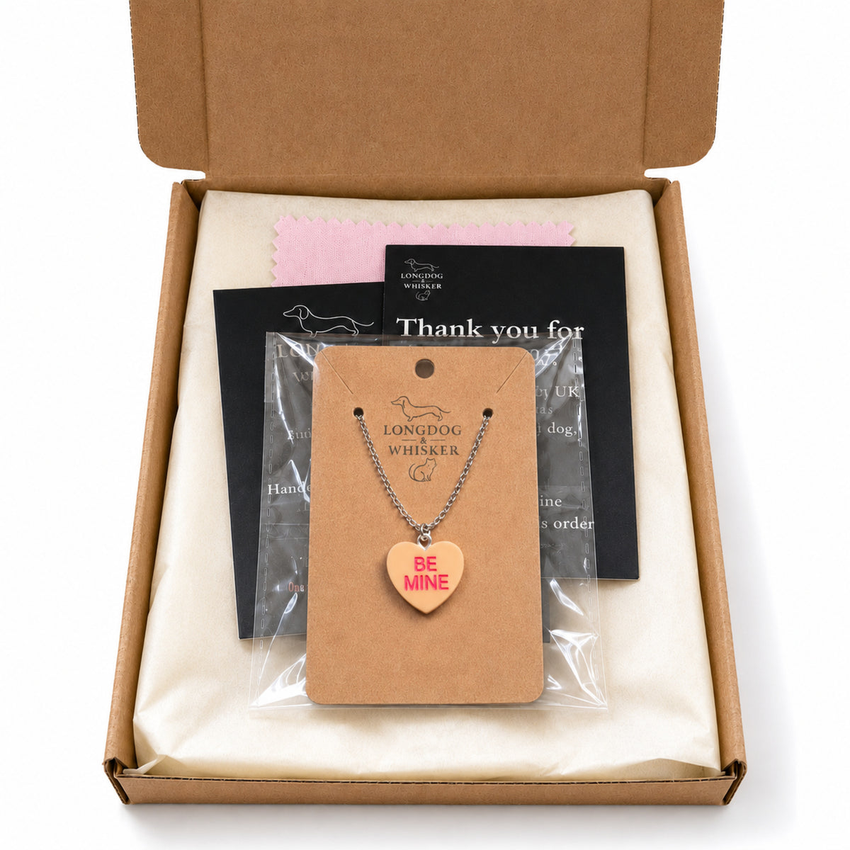 Be Mine Necklace - Orange with Longdog & Whisker packaging