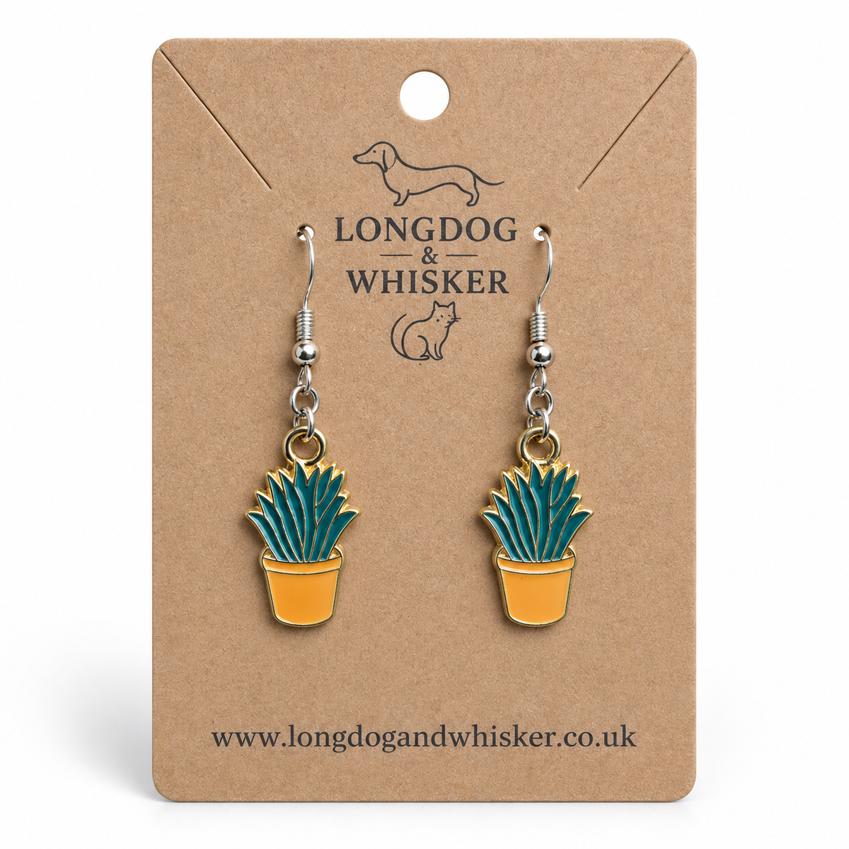 Orange Succulent Earrings with silver-tone hooks on a Longdog & Whisker product card