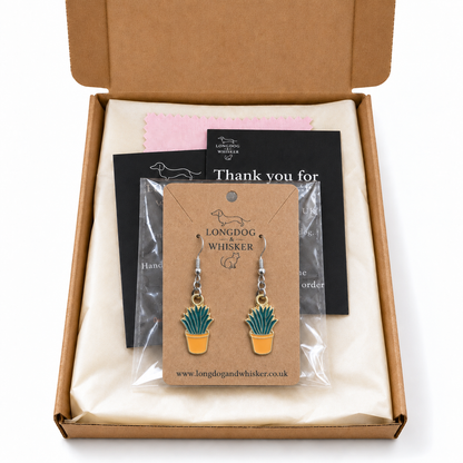 Orange Succulent Earrings with silver-tone hooks in Longdog & Whisker gift packaging