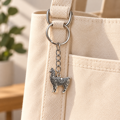 Ornate silver-tone llama keyring hanging from a canvas tote bag