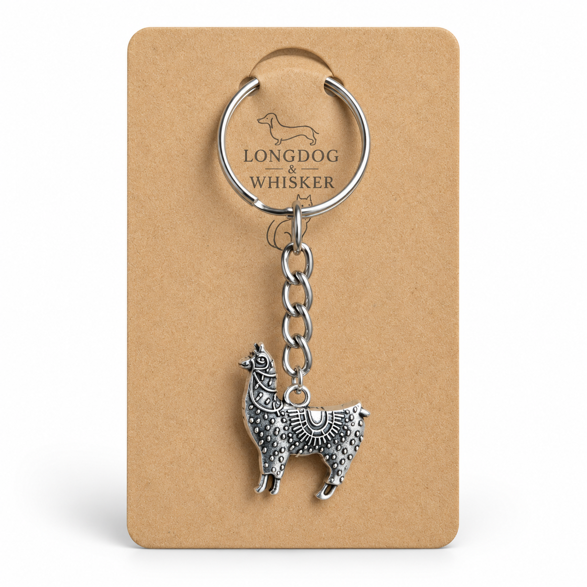 Ornate silver-tone llama keyring on Longdog & Whisker display card