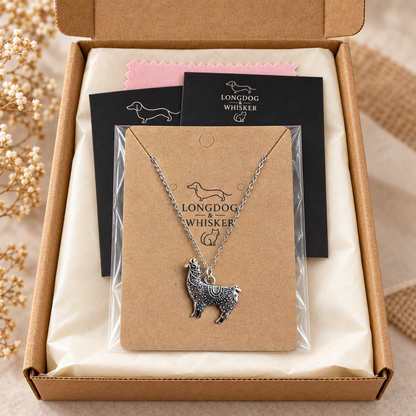 Ornate silver-tone llama pendant necklace in Longdog & Whisker gift packaging