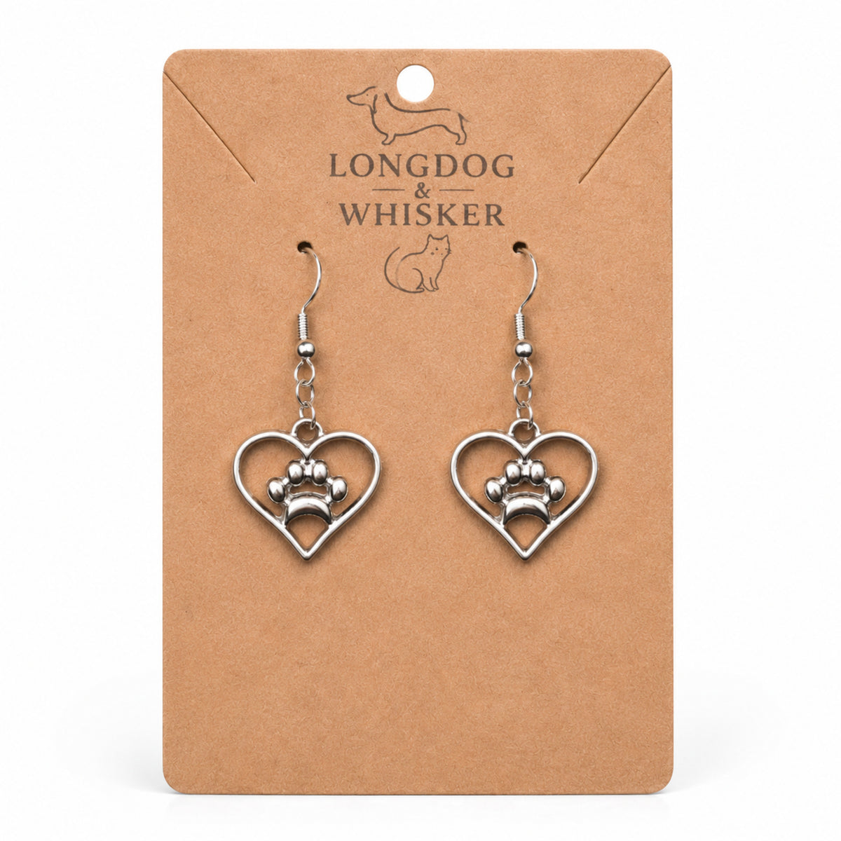 Silver Heart Dog Paw Print Earrings by Longdog & Whisker