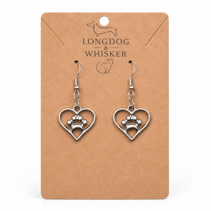 Silver Heart Dog Paw Print Earrings by Longdog & Whisker