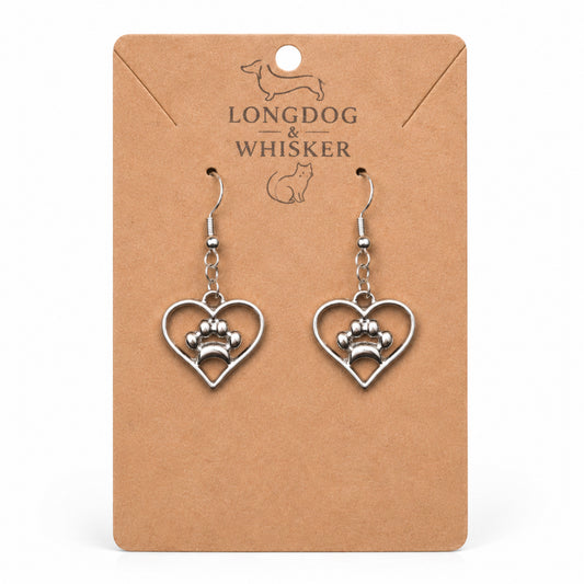 Product photo of Silver Heart Dog Paw Print Earrings by Longdog & Whisker