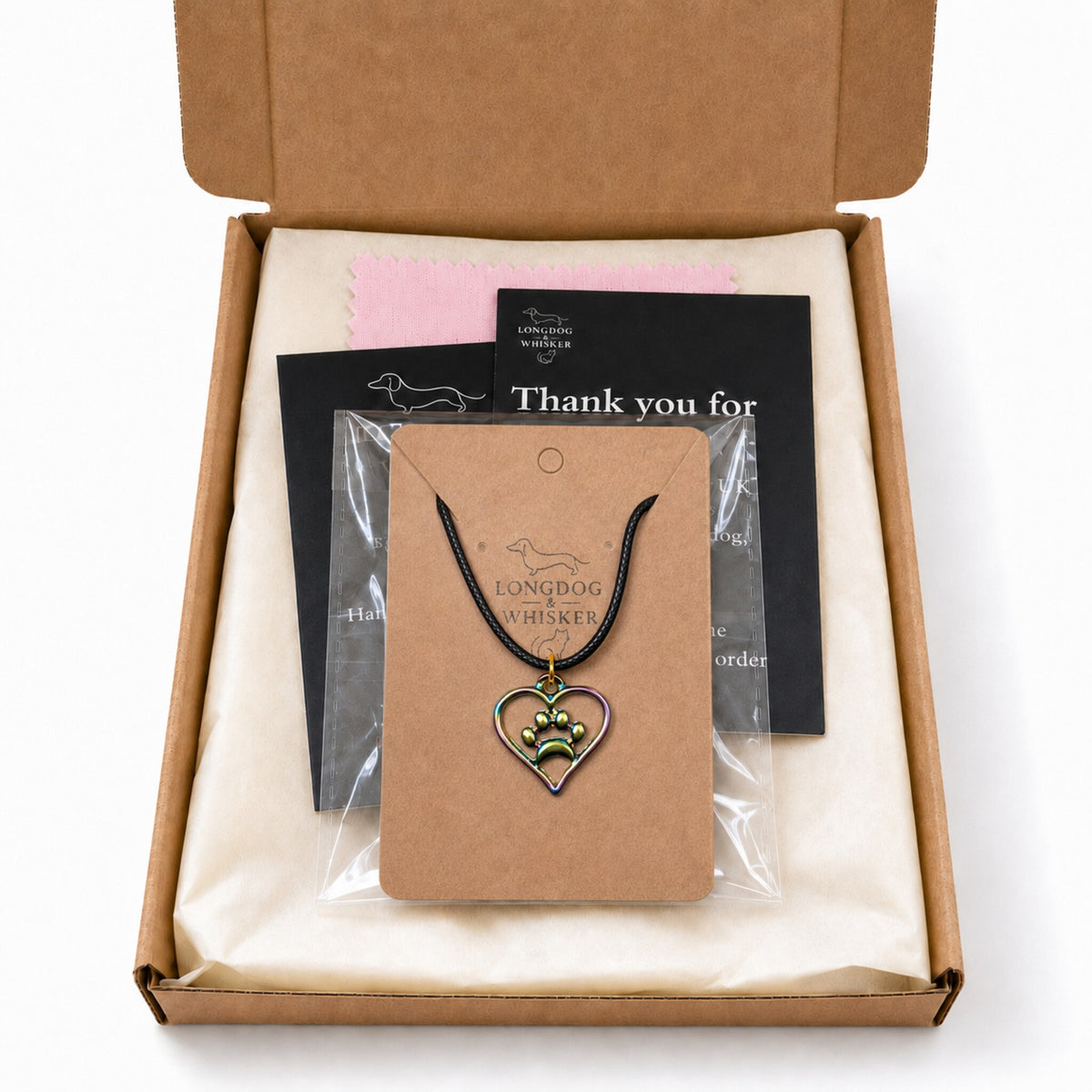 Iridescent Heart Dog Paw Print Necklace with Longdog & Whisker packaging