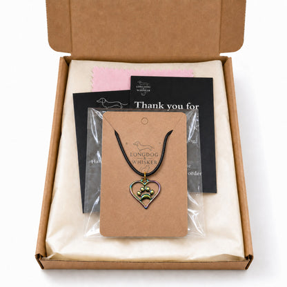 Iridescent Heart Dog Paw Print Necklace with Longdog & Whisker packaging