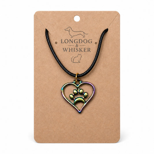 Product photo of Iridescent Heart Dog Paw Print Necklace by Longdog & Whisker