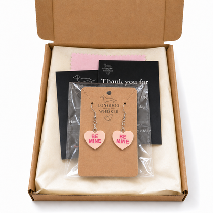 Be Mine Heart Earrings - Peach with Longdog & Whisker packaging