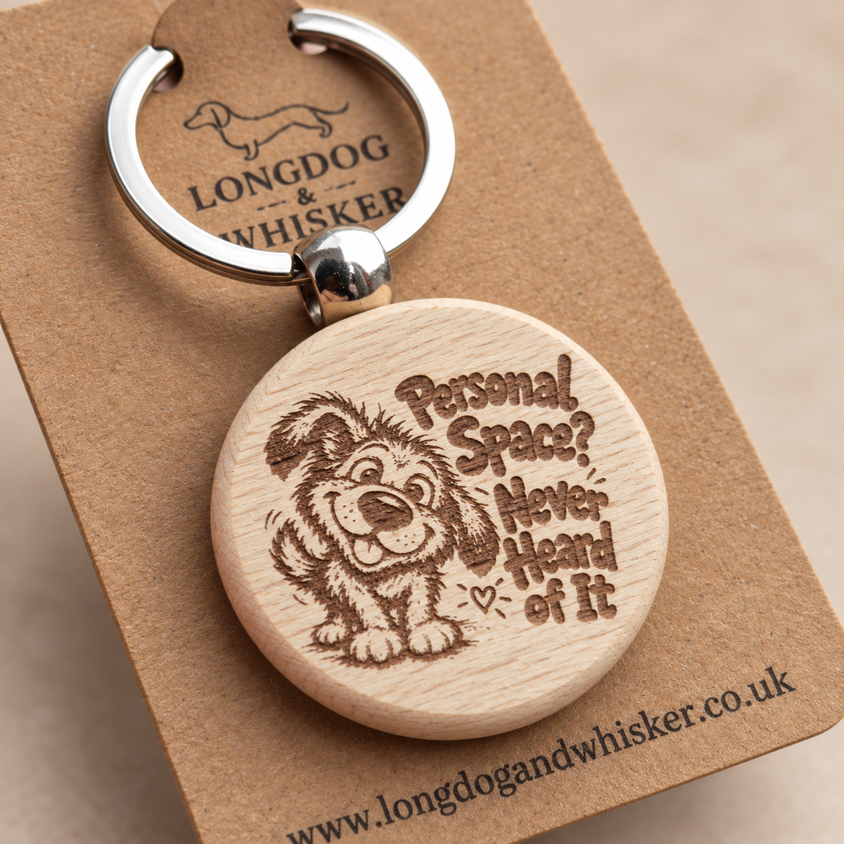 Close-up of Personal Space? Never Heard of It dog artwork, natural wood edge and silver-tone connector