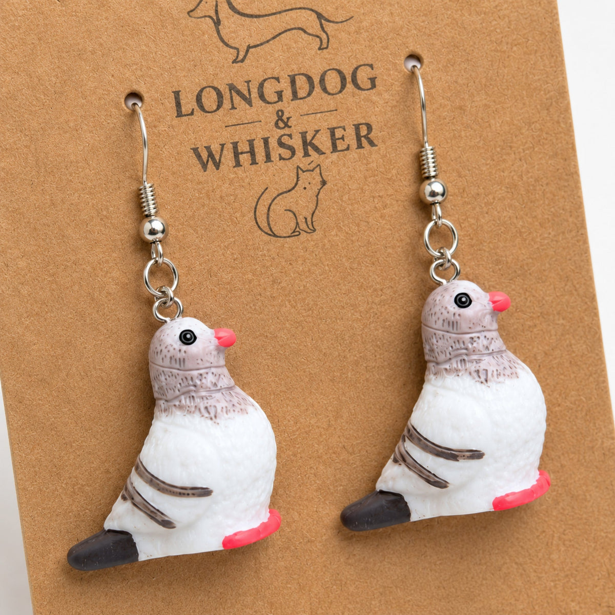 Close-up detail of Pigeon Earrings on Longdog & Whisker product card