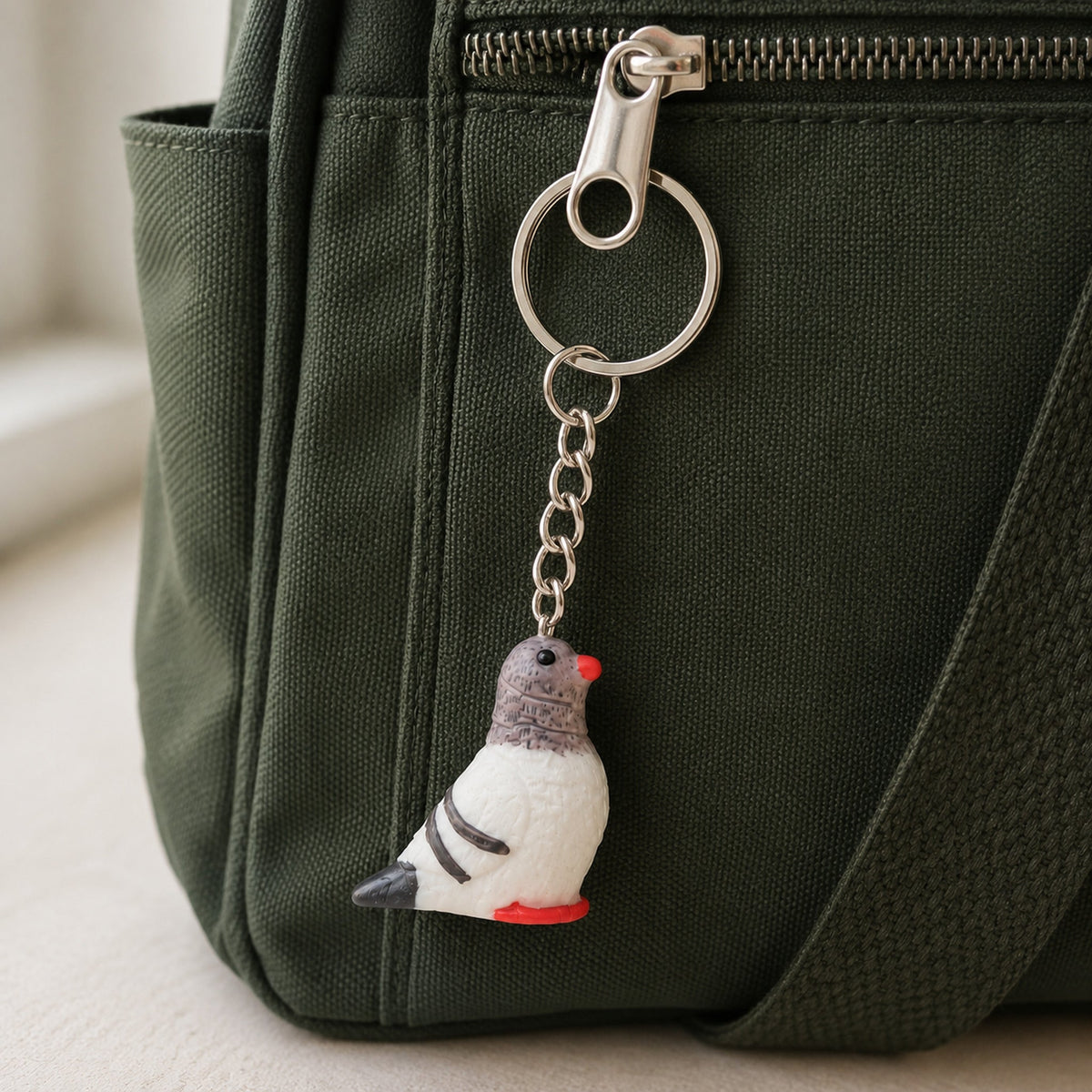Pigeon Keychain Bag Charm clipped to a bag zip