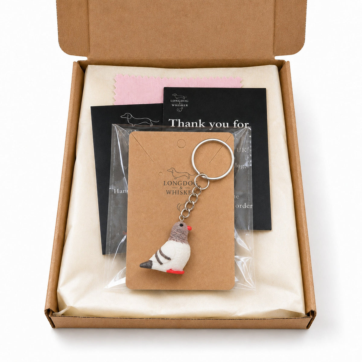 Pigeon Keychain Bag Charm in Longdog & Whisker gift-ready packaging
