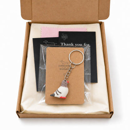 Pigeon Keychain Bag Charm in Longdog & Whisker gift-ready packaging