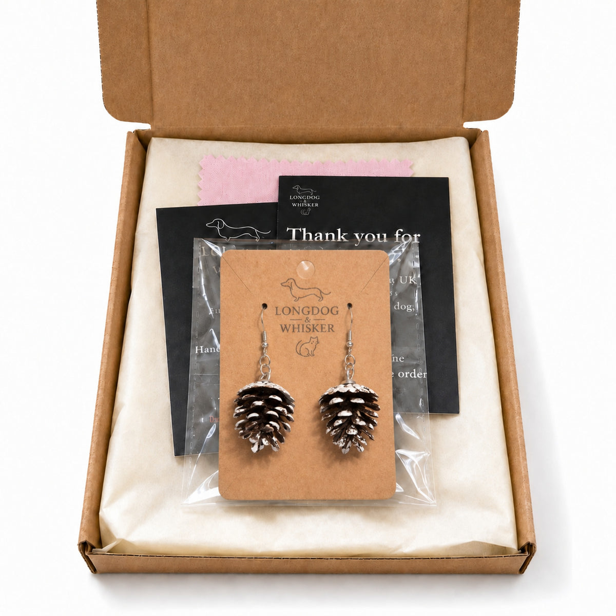 Pinecone Earrings with Longdog & Whisker packaging