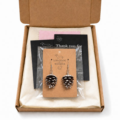 Pinecone Earrings with Longdog & Whisker packaging