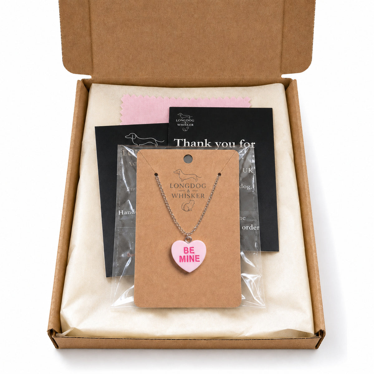 Be Mine Necklace - Pink with Longdog & Whisker packaging