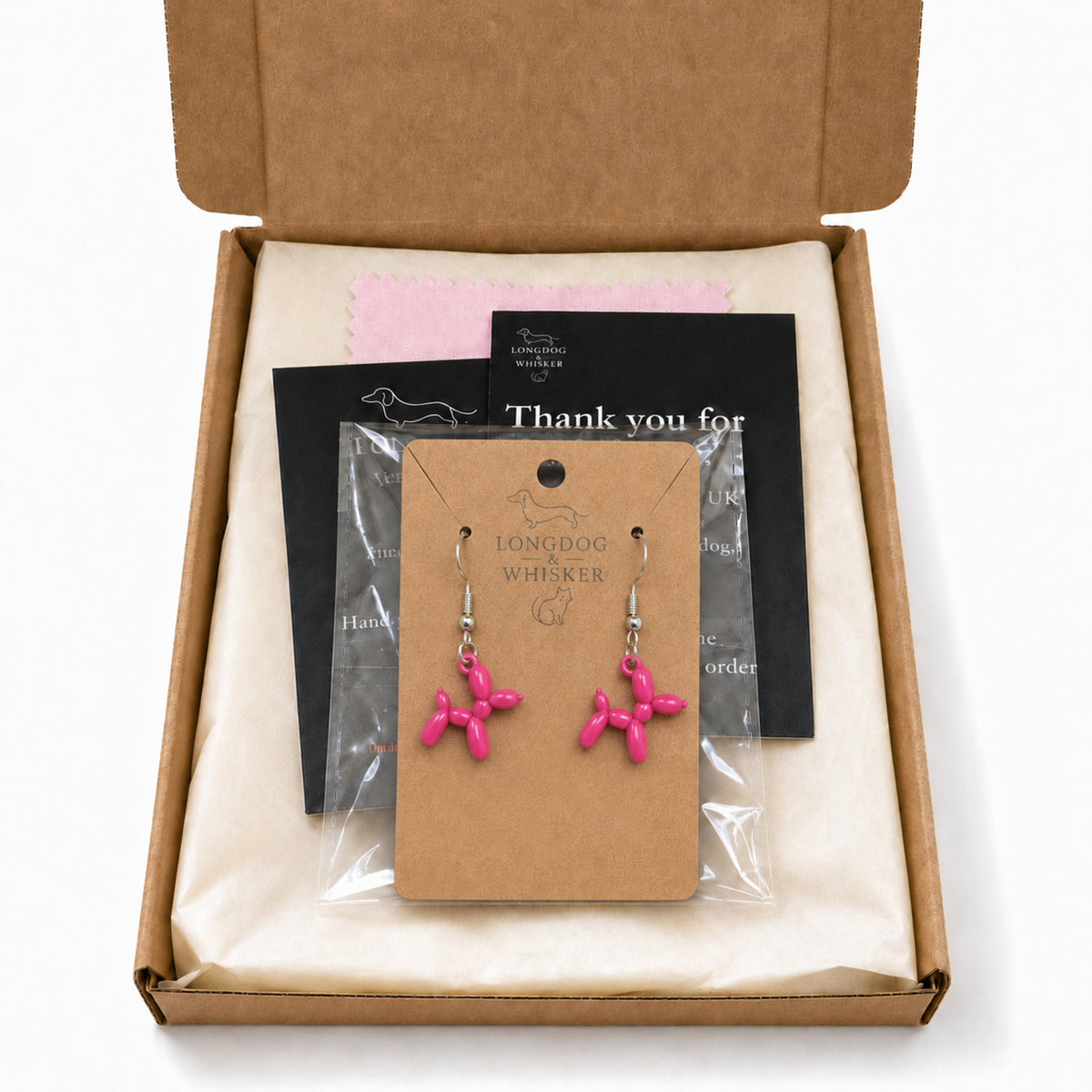 Pink Balloon Dog Earrings in Longdog & Whisker gift packaging