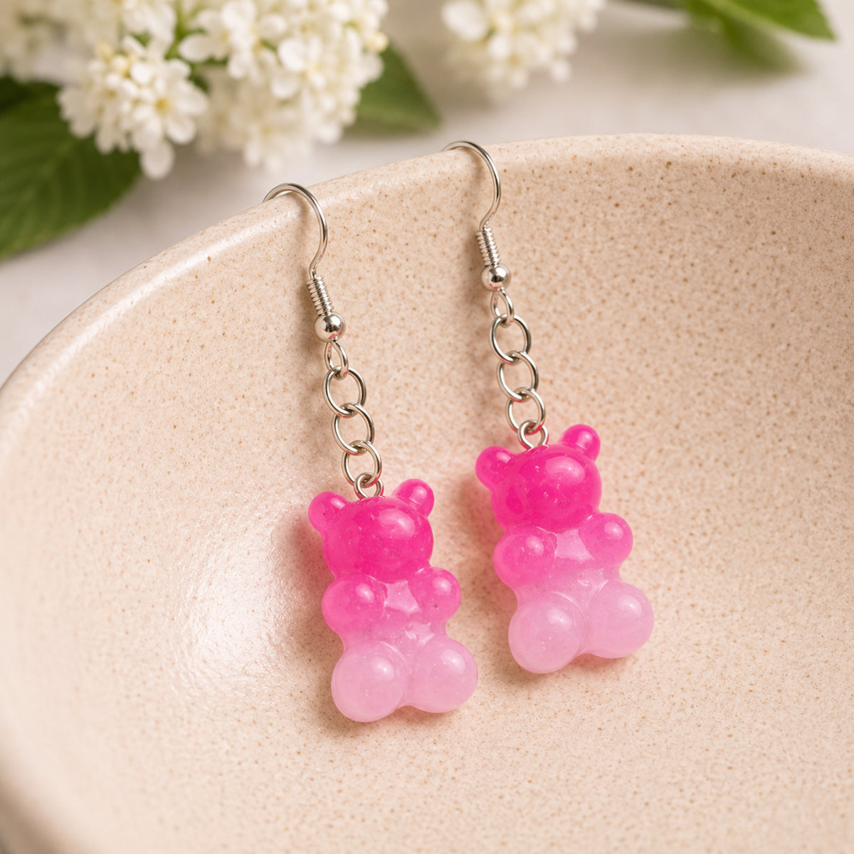 Gummy Bear Earrings - Dark Pink/Light Pink displayed in a lifestyle product photo