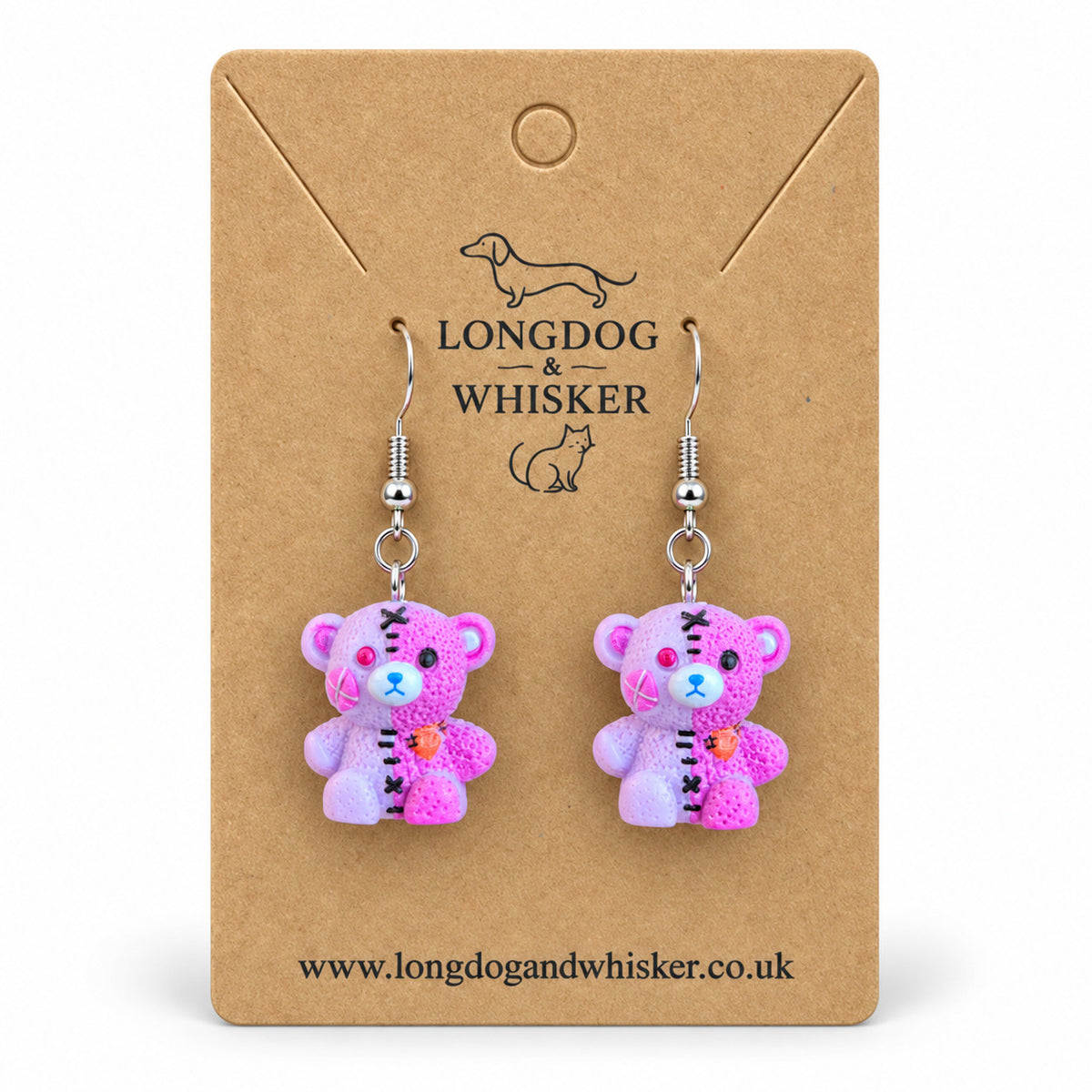 Pink Pastel Stitched Zombie Bear Earrings on Longdog & Whisker product card