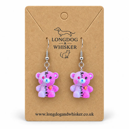 Pink Pastel Stitched Zombie Bear Earrings on Longdog & Whisker product card