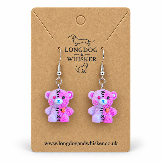 Pink Pastel Stitched Zombie Bear Earrings on Longdog & Whisker product card