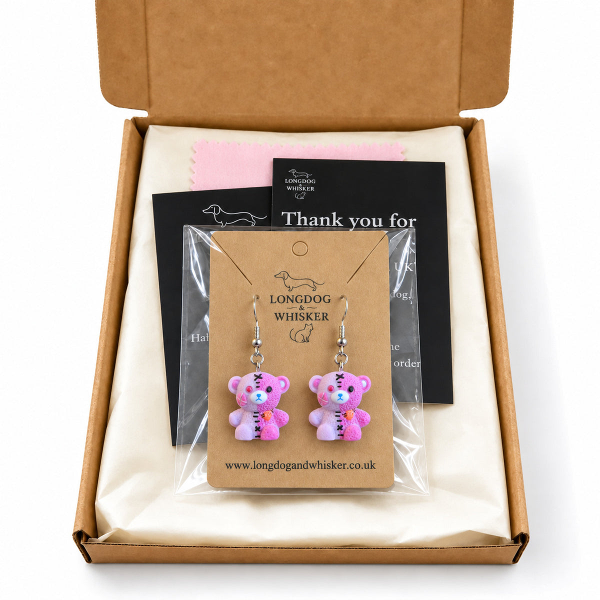 Pink Pastel Stitched Zombie Bear Earrings packaged in Longdog & Whisker gift box