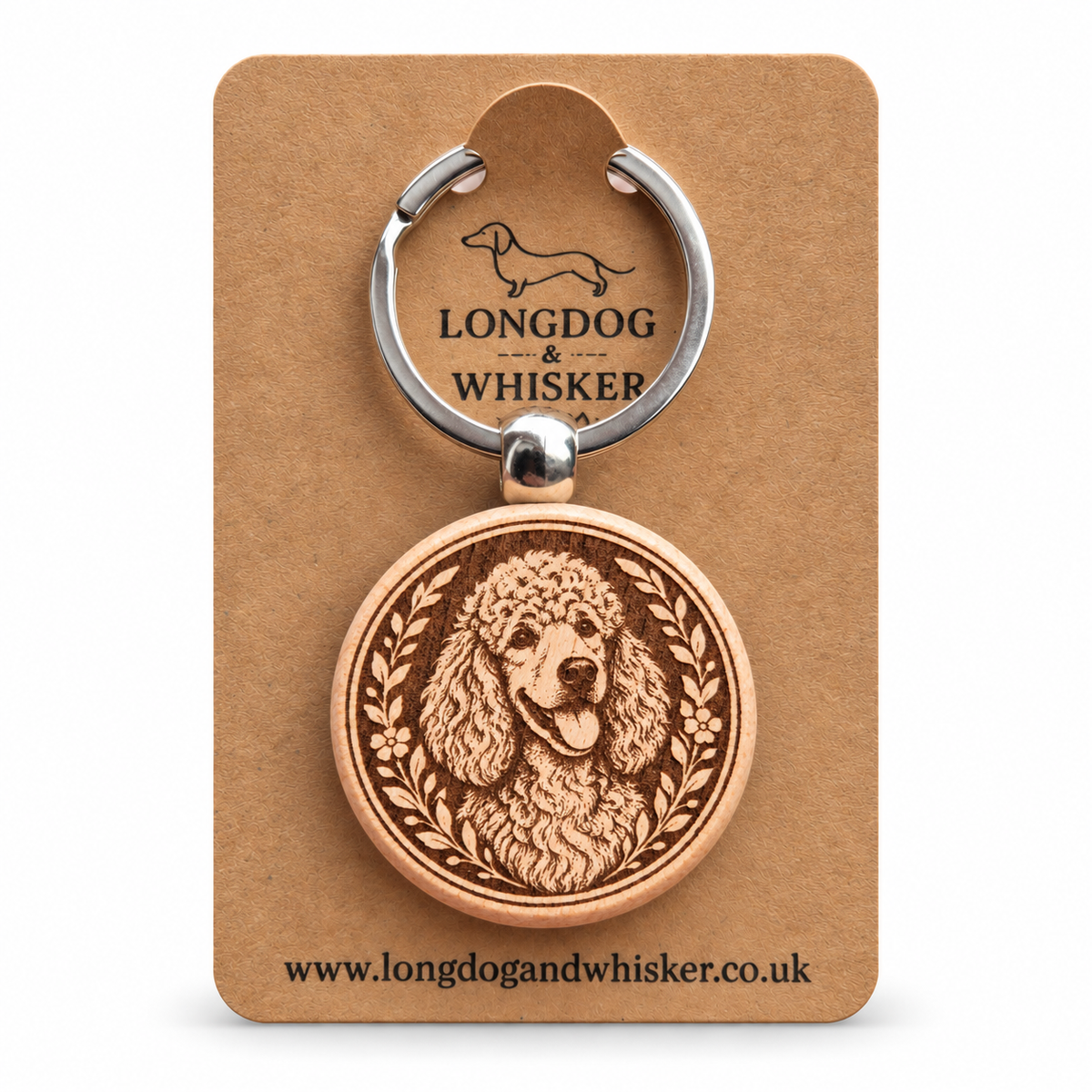 Poodle wooden keyring on a Longdog & Whisker product card
