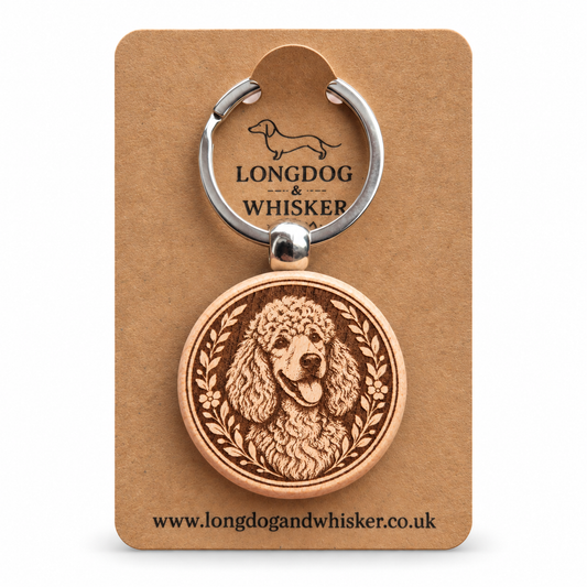 Poodle wooden keyring on a Longdog & Whisker product card