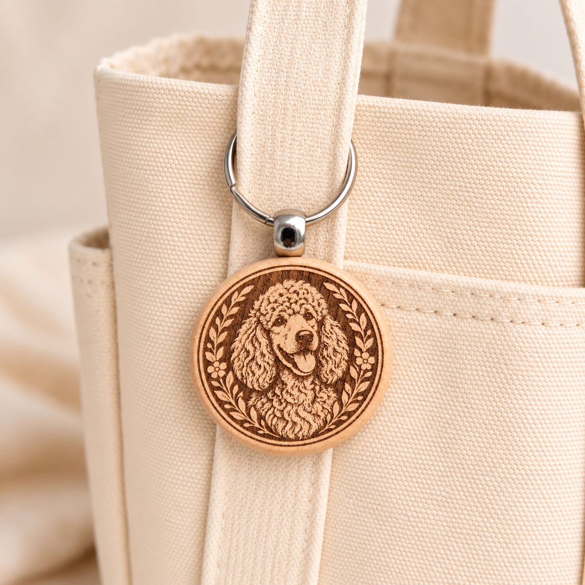 Poodle wooden keyring attached to a cream canvas tote bag