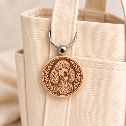 Poodle wooden keyring attached to a cream canvas tote bag