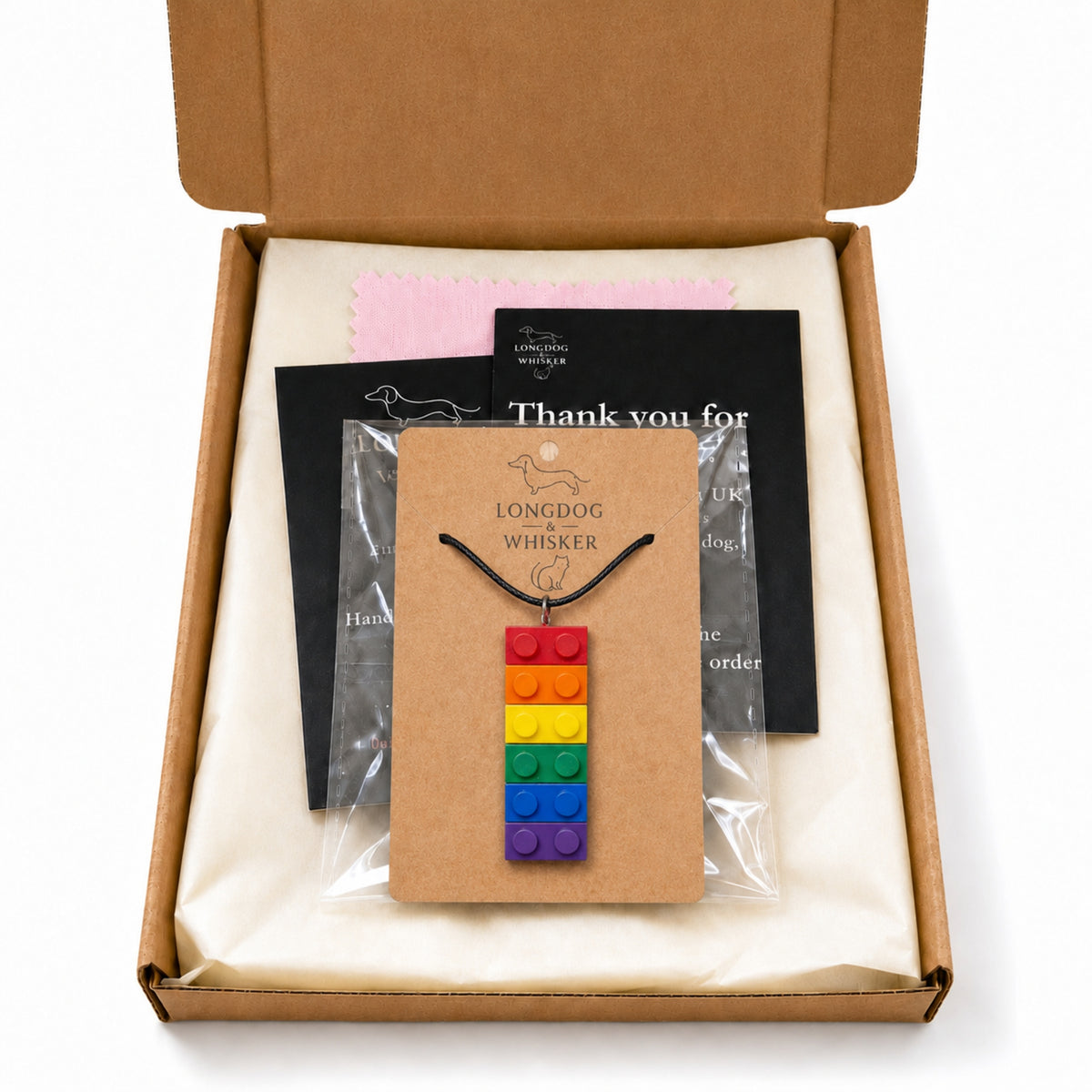 Pride Brick Necklace - Red to Purple with Longdog & Whisker packaging