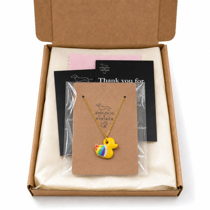 Pride Ducky Necklace Gold Chain with Longdog & Whisker packaging