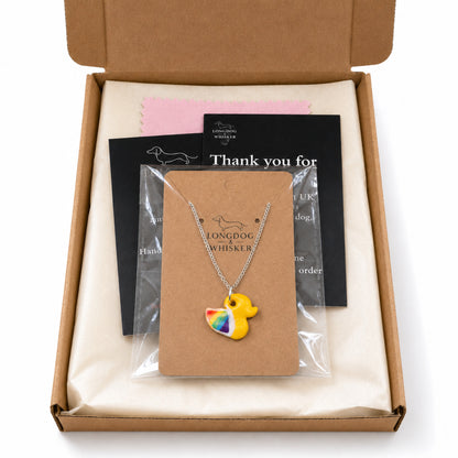 Pride Ducky Necklace Silver Chain with Longdog & Whisker packaging
