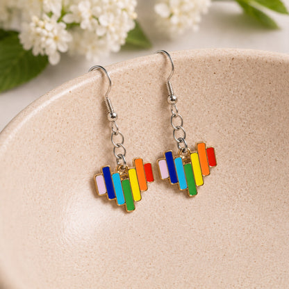 Pride Rainbow Bar Drop Earrings Silver Hooks displayed in a lifestyle product photo