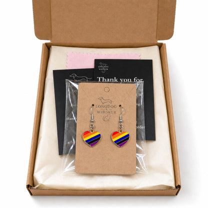 Pride Rainbow Heart Drop Earrings Silver Hooks with Longdog & Whisker packaging