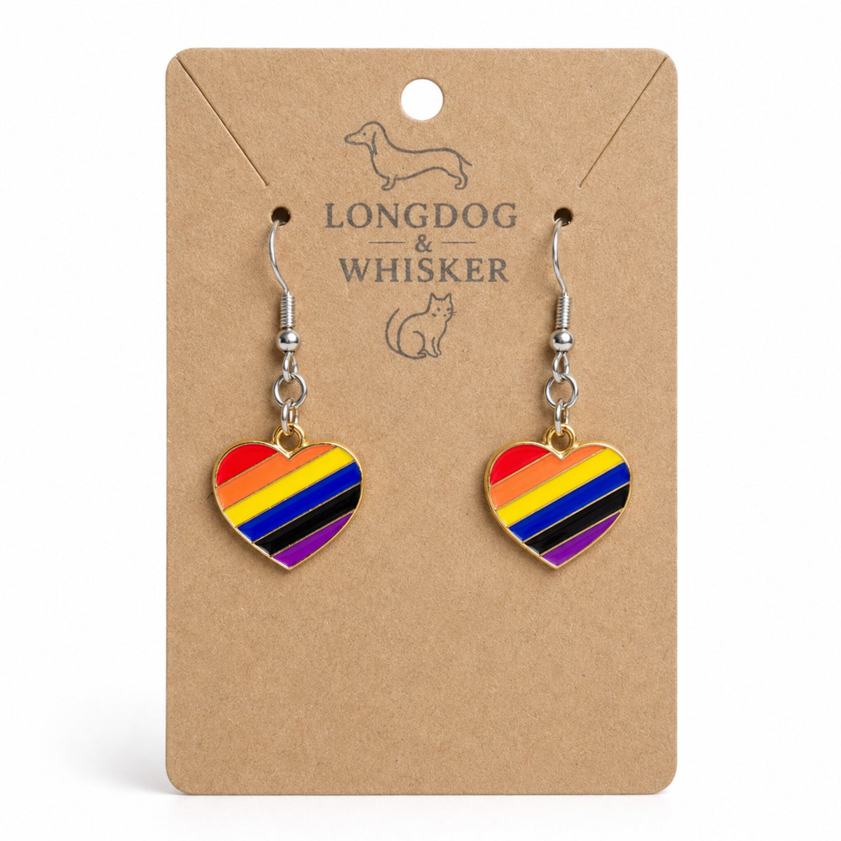 Pride Rainbow Heart Drop Earrings Silver Hooks by Longdog & Whisker