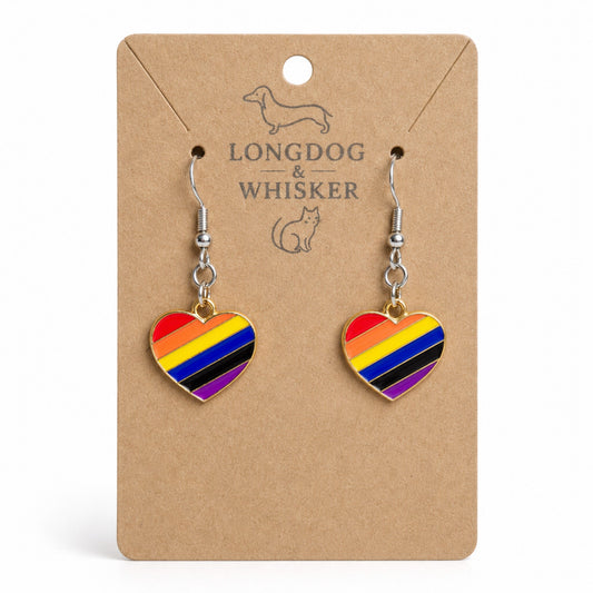 Pride Rainbow Heart Drop Earrings Silver Hooks by Longdog & Whisker