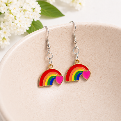 Pride Rainbow and Heart Drop Earrings Silver Hooks displayed in a lifestyle product photo