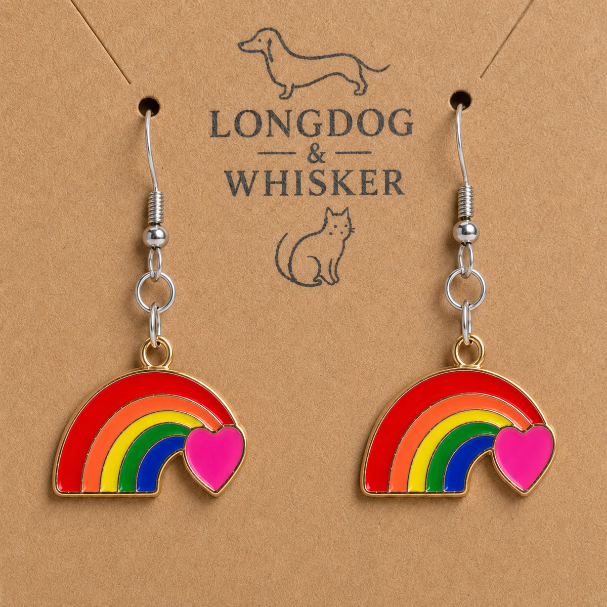 Close-up detail of Pride Rainbow and Heart Drop Earrings Silver Hooks