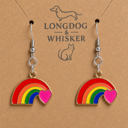 Close-up detail of Pride Rainbow and Heart Drop Earrings Silver Hooks
